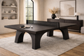 Dark wood ping pong table in a living room setting with a modern decor.