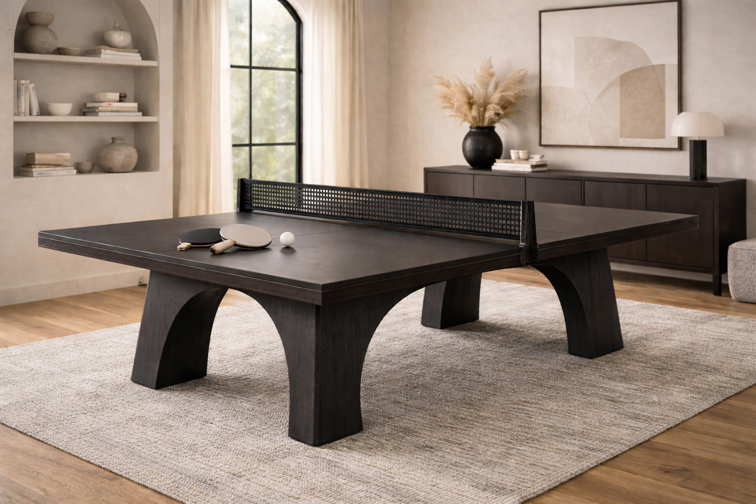 Dark wood ping pong table in a living room setting with a modern decor.