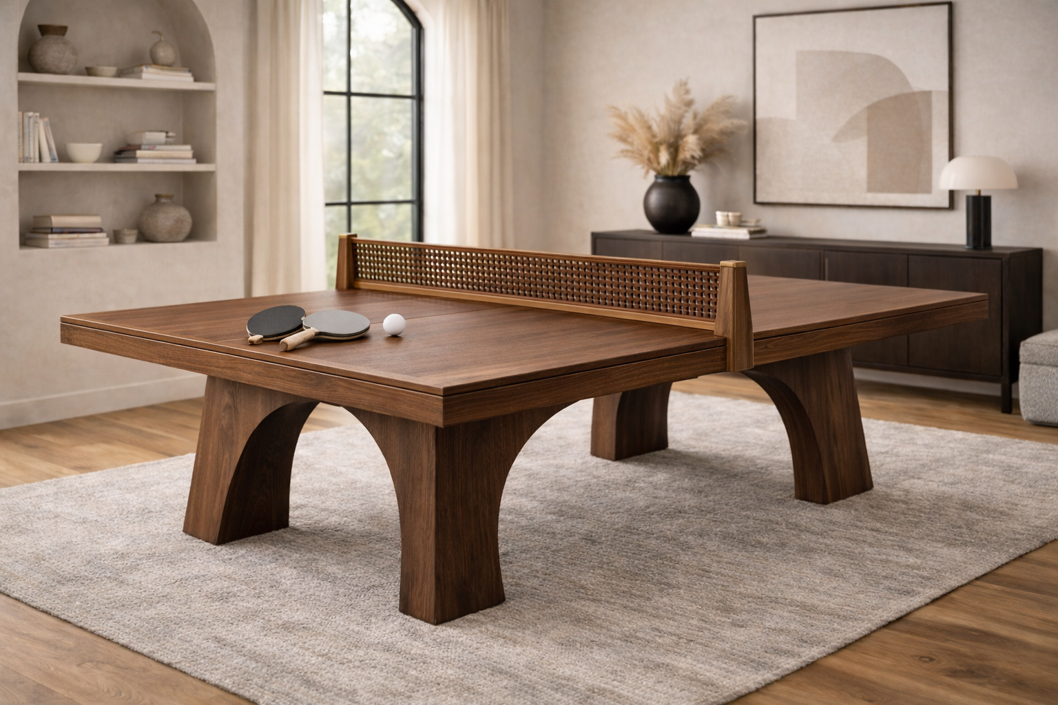 Wooden ping pong table in a living room setting with decor elements.