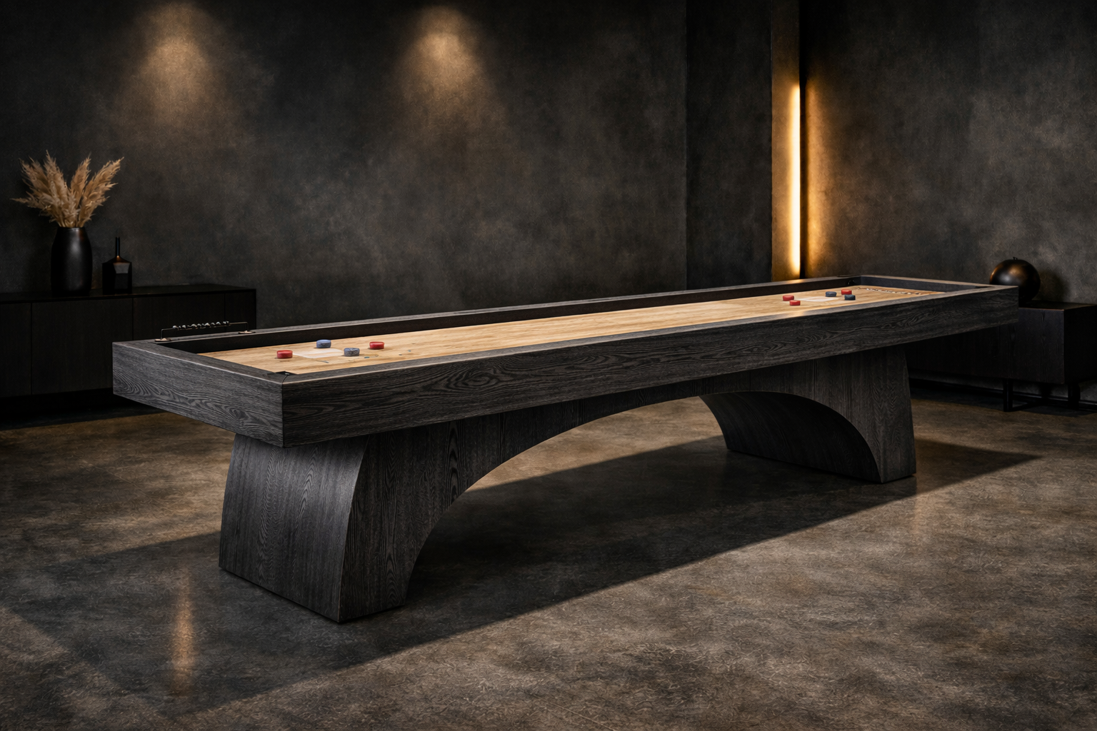 Wooden shuffleboard table in a dimly lit room with decorative elements.
