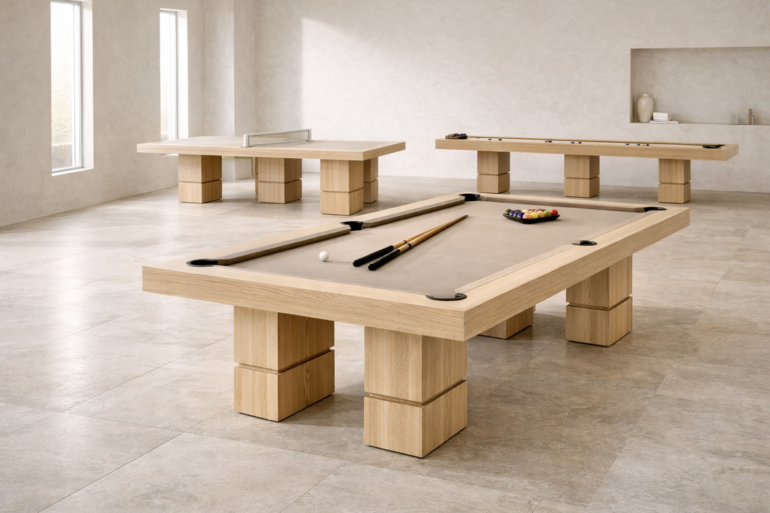 Wooden shuffleboard in a room with light-colored floor and walls