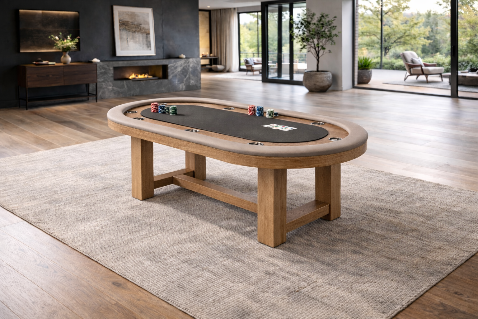 Wooden poker table with chips in a modern living room.