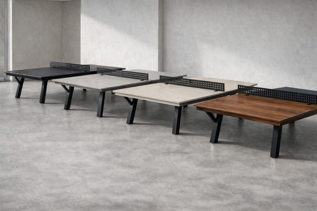 Modern outdoor patio with ping pong table, chairs, and garden view