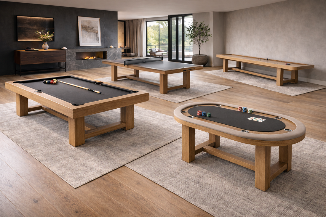 Modern living room with multiple gaming tables including pool, poker, and possibly foosball.