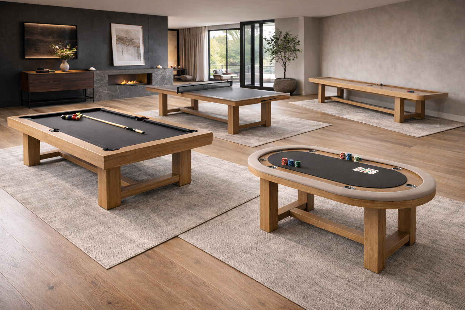 Modern living room with multiple gaming tables including pool, poker, and possibly foosball.
