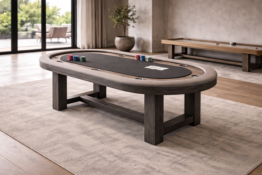 Wooden poker table with chips in a modern living room.