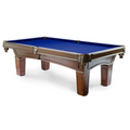 Billiard table with blue felt surface on a white background
