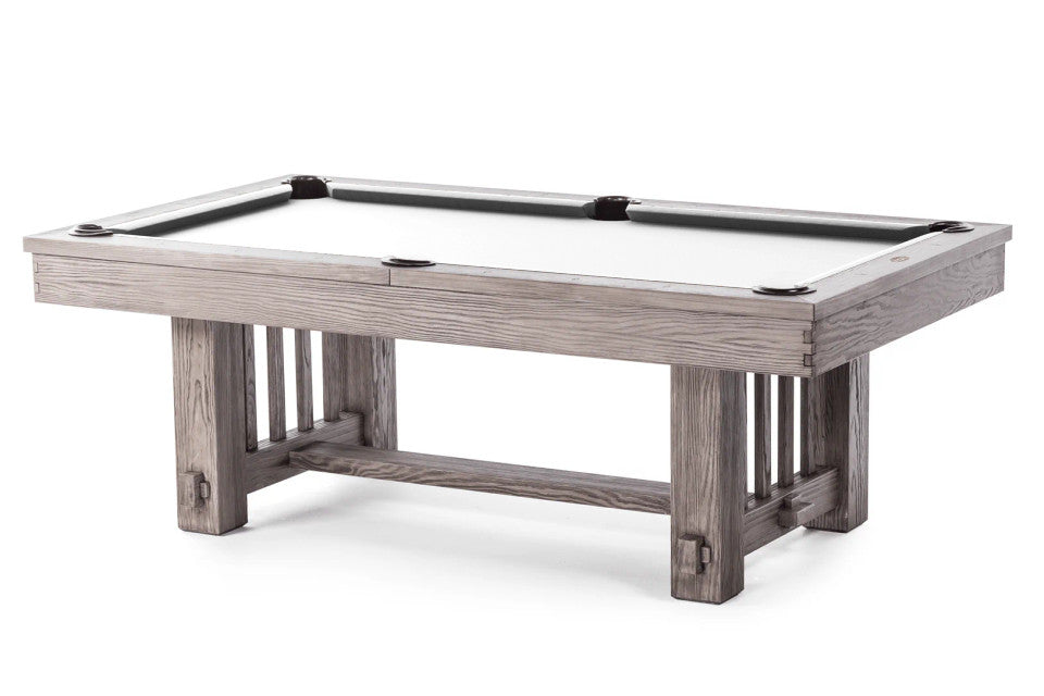 Pool table with wooden frame and white felt surface on a white background